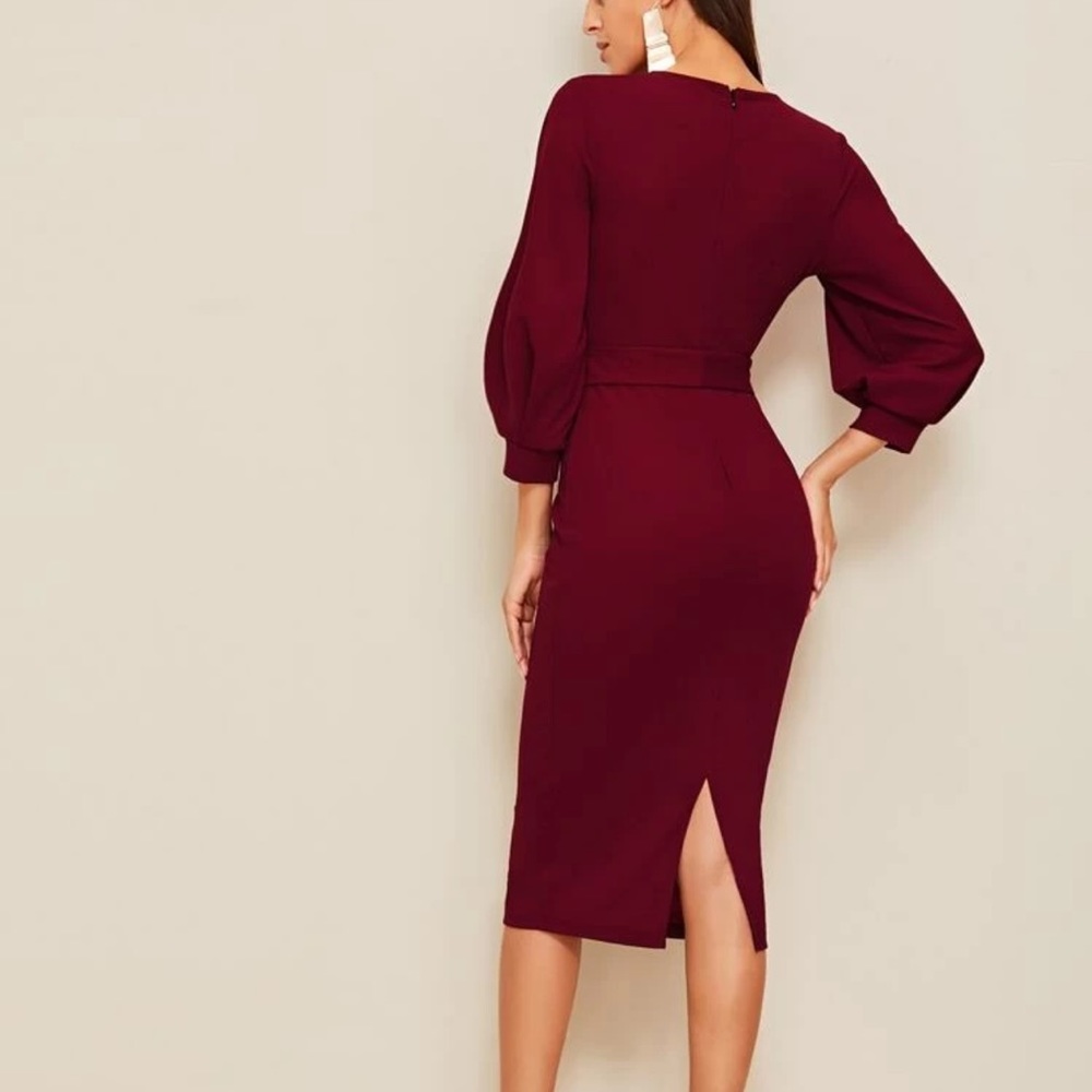 Burgundy Long sleeve belted pencil fitted dress - Picture 2 of 5